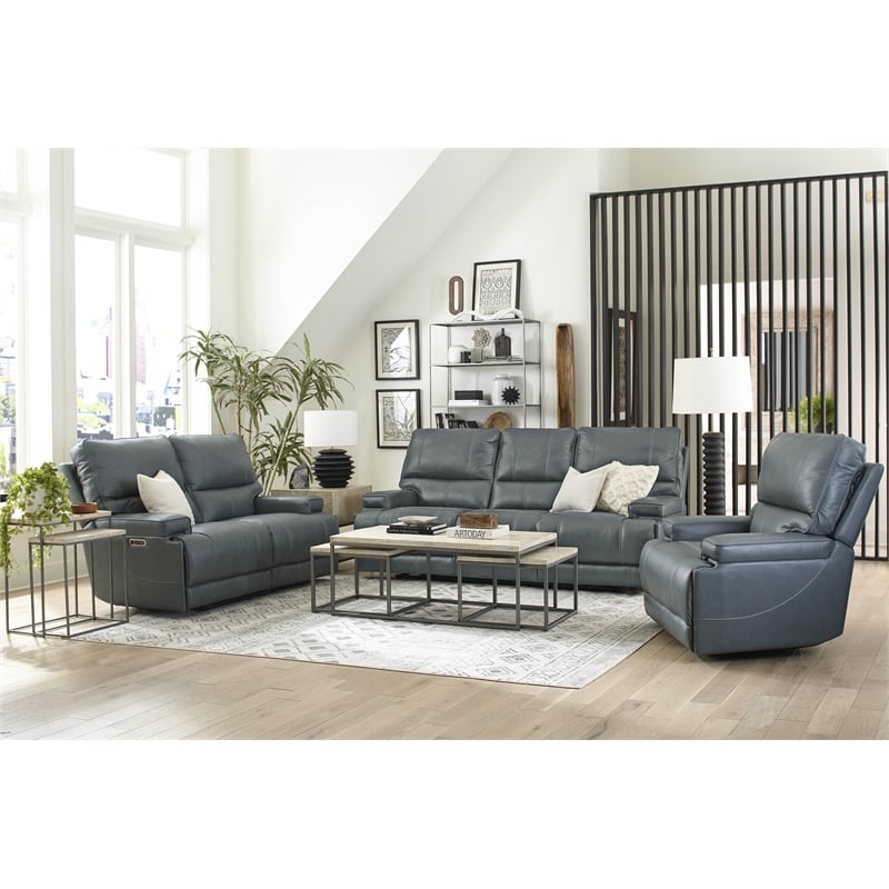 Pemberly Row Leather Power Reclining Cordless Sofa in Verona Azure Blue