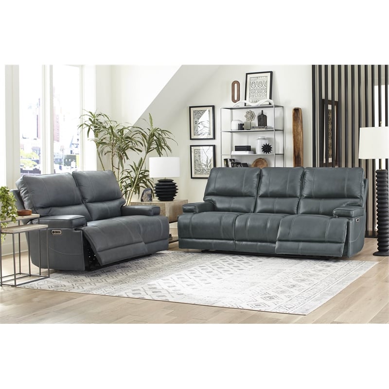 Pemberly Row Leather Power Reclining Cordless Sofa in Verona Azure Blue