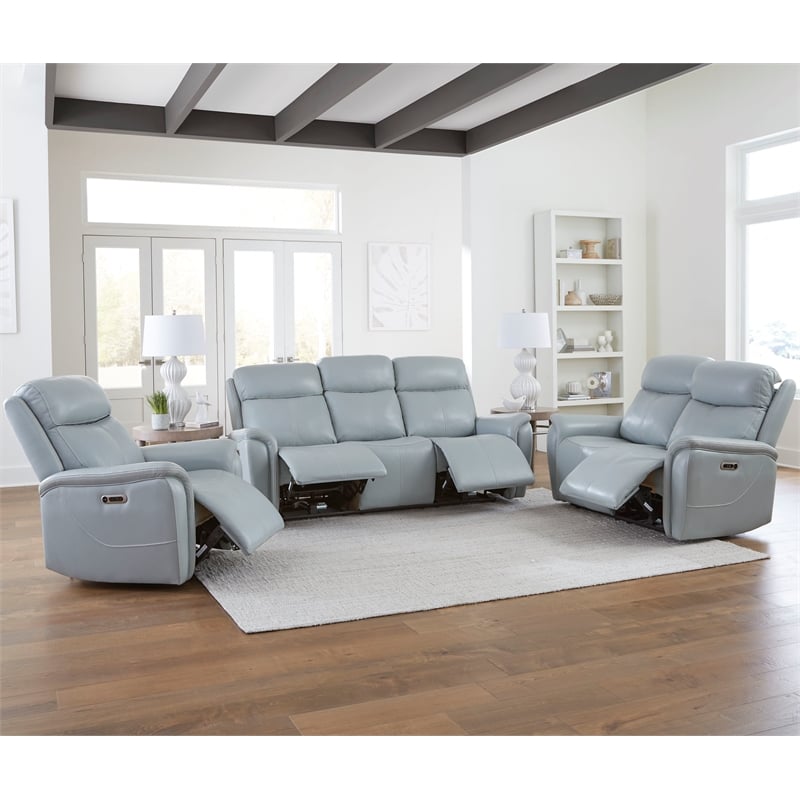 Pemberly Row Contemporary Leather Seamist Gray Power Recliner