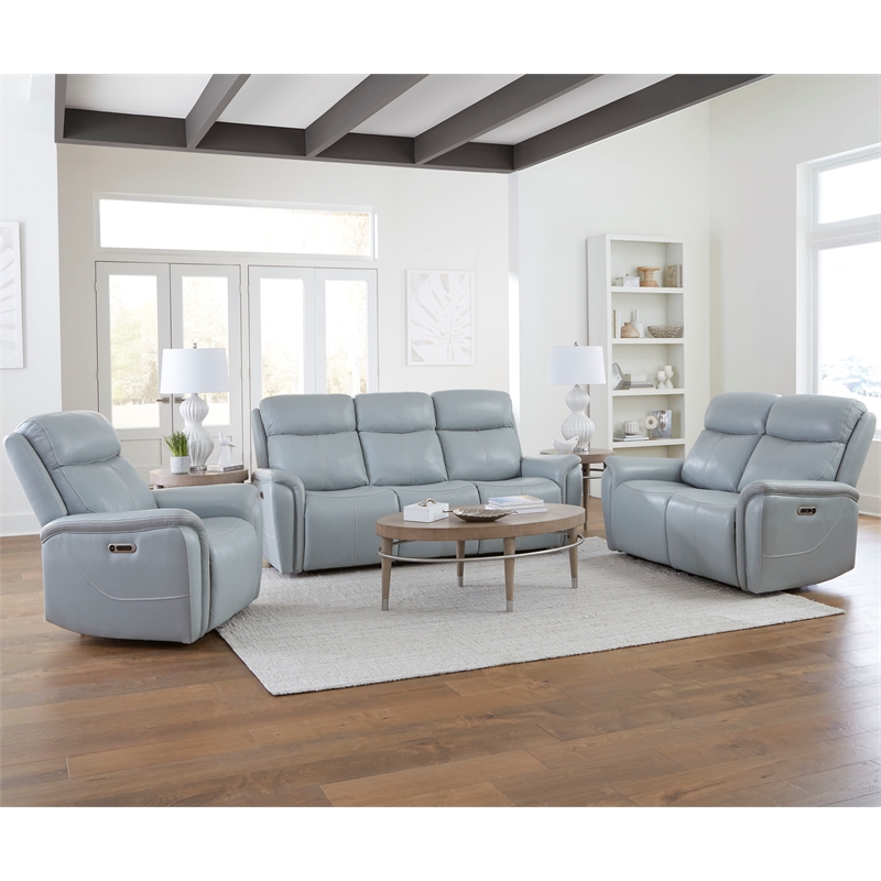 Pemberly Row Contemporary Leather Seamist Gray Power Recliner
