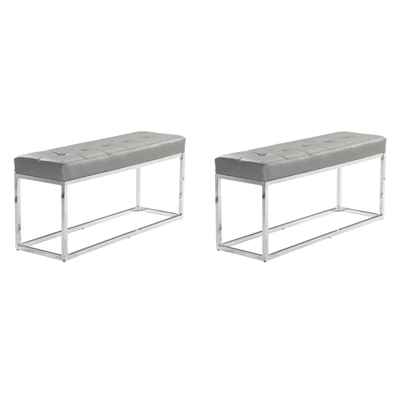 Pemberly Row Contemporary Set of 2 Tufted Metal Bench in Gray Faux Leather