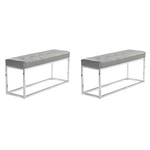 Pemberly Row Contemporary Set of 2 Tufted Metal Bench in Gray Faux Leather