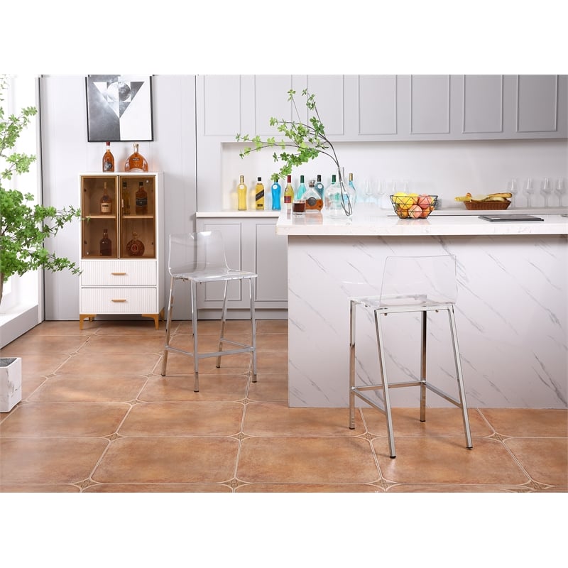 Pemberly Row Set of 2 Acrylic Low Back Counter Stool In Chrome