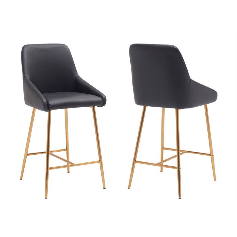 Pemberly Row Contemporary Gold Counter Stool in Black Faux Leather (Set of 4)