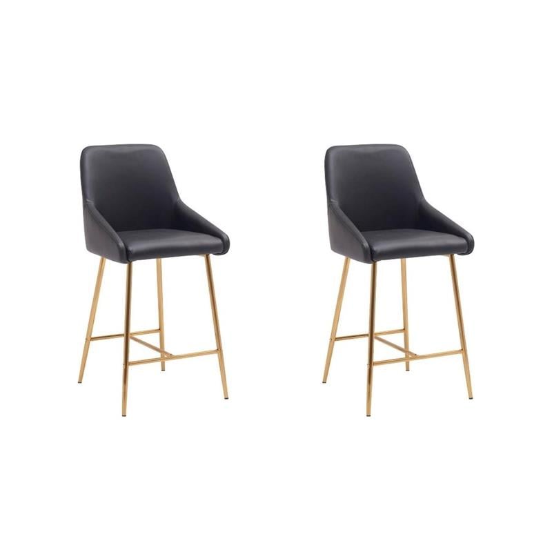 Pemberly Row Contemporary Gold Counter Stool in Black Faux Leather (Set of 4)