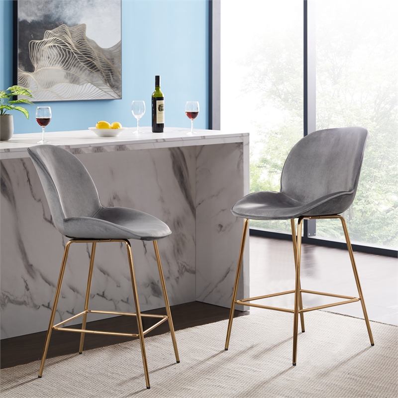 Pemberly Row Contemporary Velvet 26-inch Bar Stool in Gray and Gold (Set of 4)