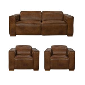 Pemberly Row Set of 3 - Leather 2 Reclining Lounge Chairs and Sofa in Tan