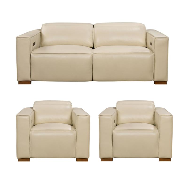 Pemberly Row Set of 3 - Leather 2 Reclining Lounge Chairs and Sofa in Beige