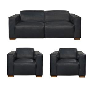 Pemberly Row Set of 3 - Leather 2 Reclining Lounge Chairs and Sofa in Blue