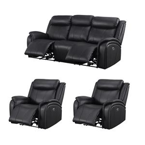 Pemberly Row Set of 3 Sofa Sets - 2 Recliner Arm Chairs and Couch in Black