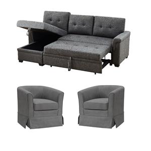 Pemberly Row Set of 3 - Reversible Sleeper Sofa & 2 Swivel Barrel Chairs in Gray