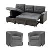 Pemberly Row Set of 3 - Reversible Sleeper Sofa & 2 Swivel Barrel Chairs in Gray