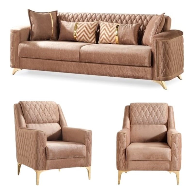 Pemberly Row Set of 3 Sofa Sets - 2 Velvet Fabric Chairs and Sofa in Copper