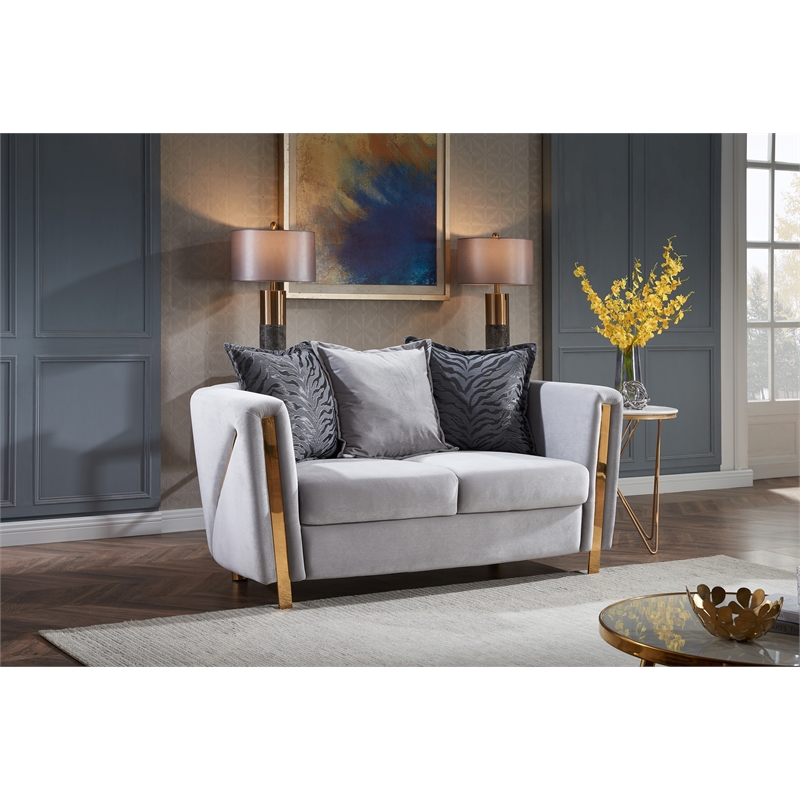 Pemberly Row Set of 3 - 2 Velvet Fabric Upholstered Loveseats and Chair in Gray
