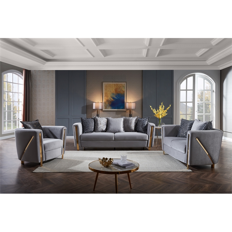 Pemberly Row Set of 3 - 2 Velvet Fabric Upholstered Loveseats and Chair in Gray