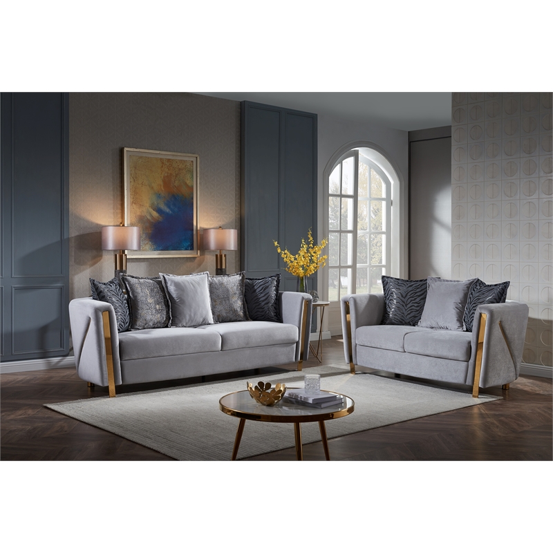 Pemberly Row Set of 3 - 2 Velvet Fabric Upholstered Loveseats and Chair in Gray