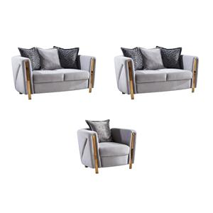 Pemberly Row Set of 3 - 2 Velvet Fabric Upholstered Loveseats and Chair in Gray