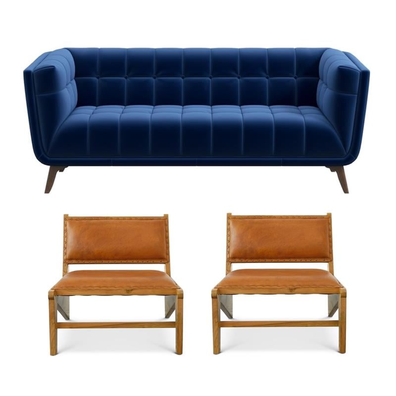 Pemberly Row Set of 3 Sofa Sets - 2 Upholstered Lounge Chairs and Velvet Sofa