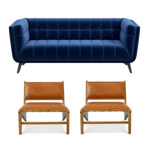 Pemberly Row Set of 3 Sofa Sets - 2 Upholstered Lounge Chairs and Velvet Sofa