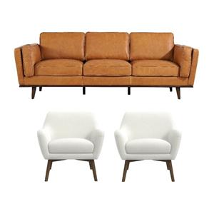 Pemberly Row Set of 3 Sofa Sets - 2 Upholstered Armchairs and Leather Sofa