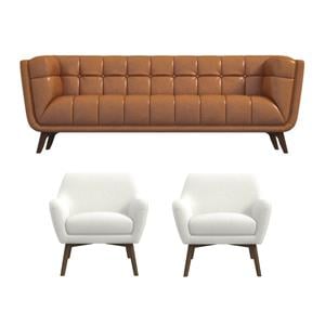 Pemberly Row Set of 3 - 2 Upholstered Armchairs and Genuine Leather Sofa