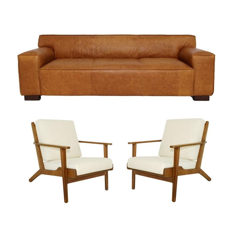 Pemberly Row Set of 3 Sofa Sets - 2 Accent Armchairs and Leather Tight Back Sofa