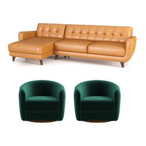 Pemberly Row Set of 3 - 2 Round Back Swivel Chairs and Corner Sectional Couch