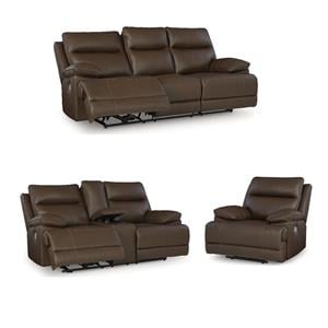 Pemberly Row Set of 3 Contemporary Leather Sofa Sets in Brown