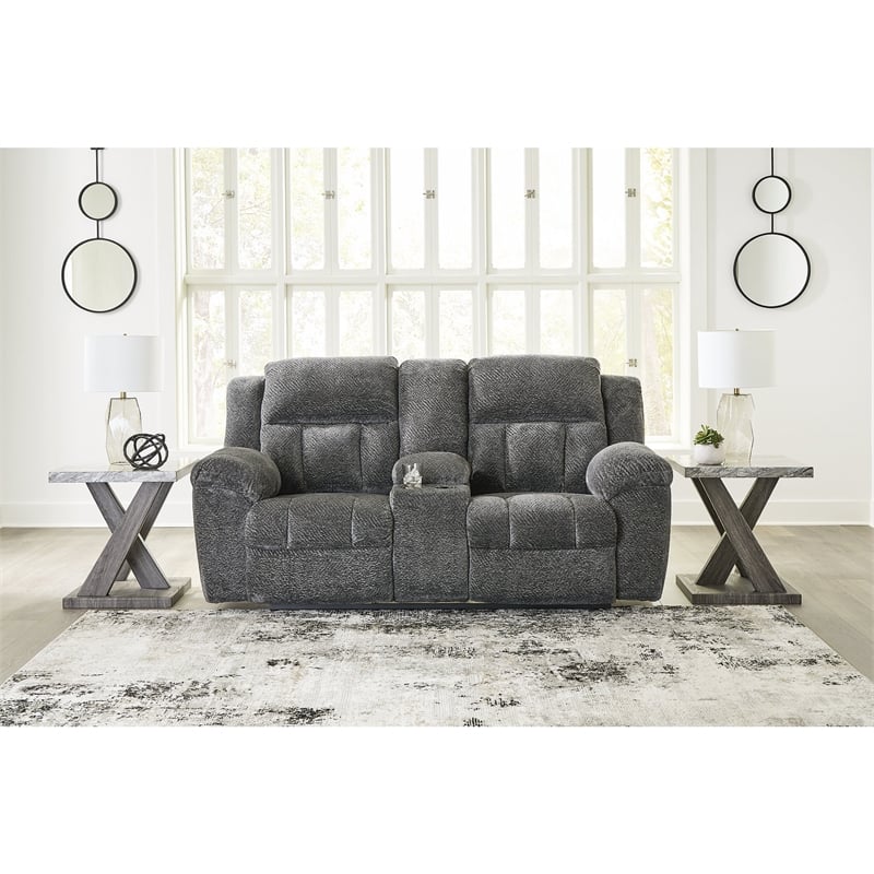 Pemberly Row Set of 2 Gray Reclining Loveseat with Console and Reclining Sofa