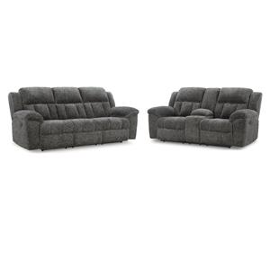 Pemberly Row Set of 2 Gray Reclining Loveseat with Console and Reclining Sofa