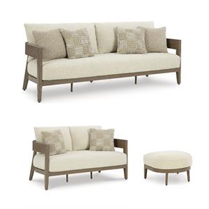 Pemberly Row Set of 3 Aluminum Outdoor Sofa Sets in Beige and Brown