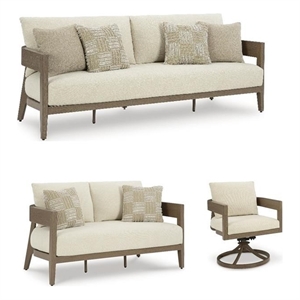 Pemberly Row Set of 3 Aluminum Outdoor Sofa Sets in Beige and Brown