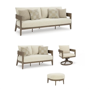 Pemberly Row Set of 4 Aluminum Outdoor Sofa Sets in Beige and Brown