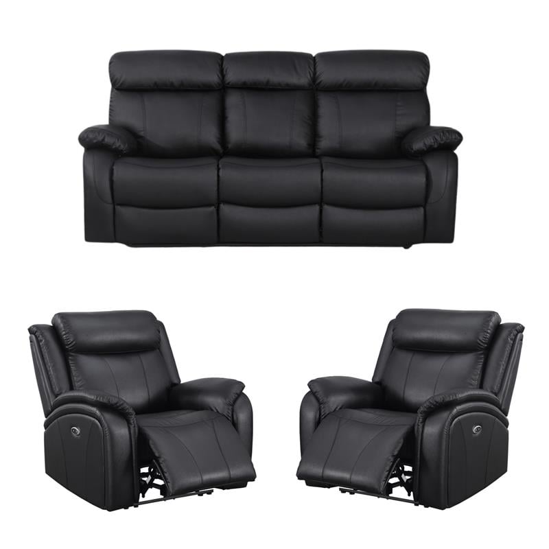 Pemberly Row Set of 3 Sofa Sets - 2 Recliner Arm Chairs and Couch in Black