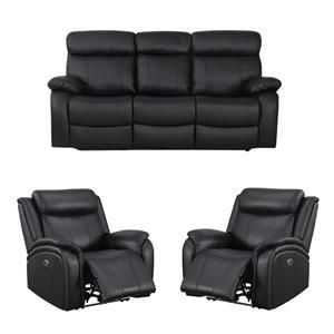 Pemberly Row Set of 3 Sofa Sets - 2 Recliner Arm Chairs and Couch in Black