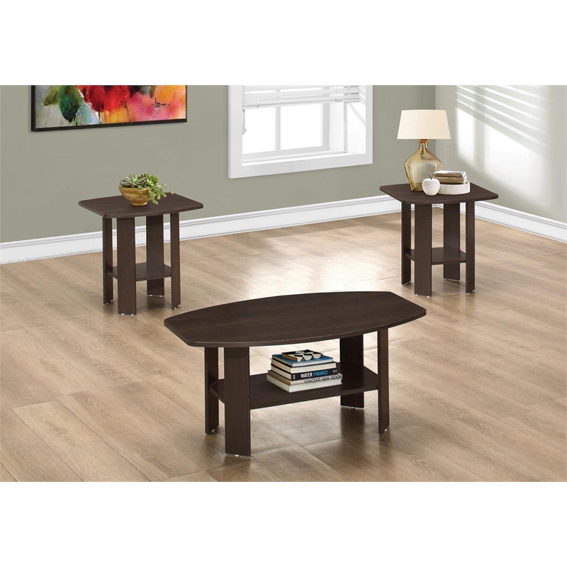 Pemberly Row 3Pcs Set Wood Accent Coffee Table and End Side Tables in Brown
