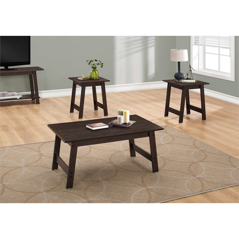 Pemberly Row 3Pcs Set Wood Accent Coffee Table and End Side Tables in Brown