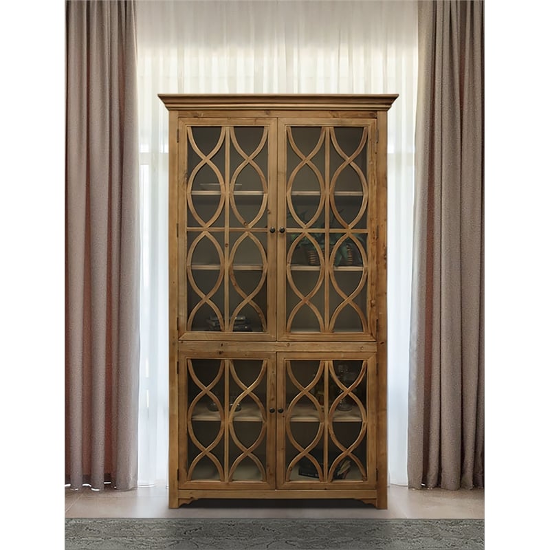 Pemberly Row Transitional 4 Glass Door Solid Wood Cabinet in Natural