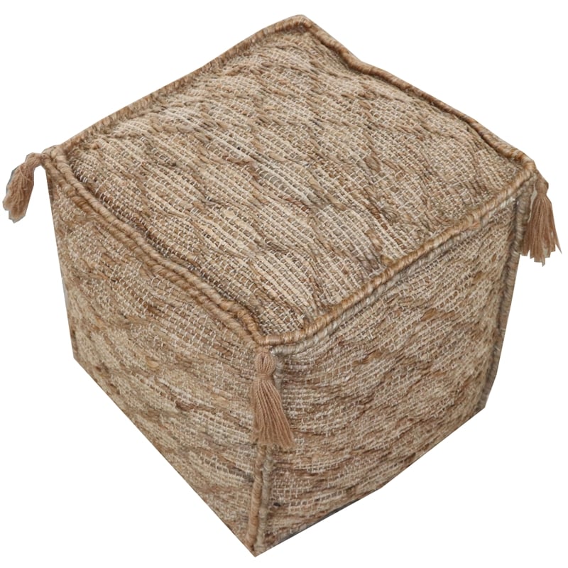 Pemberly Row Contemporary Pouf Upholstered in Brown Fabric with Tassels