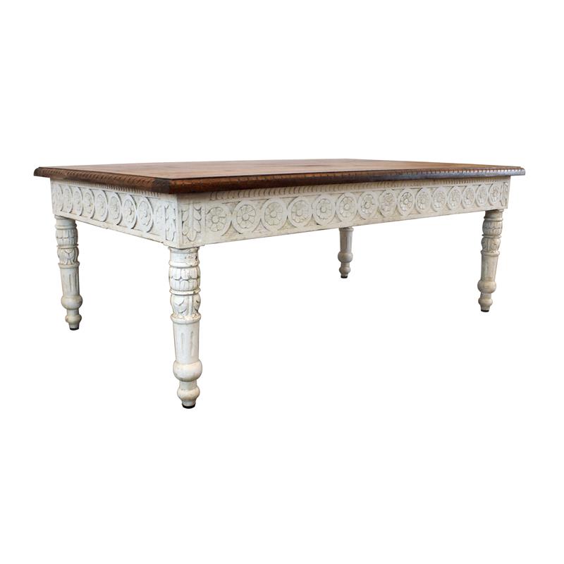 Pemberly Row Hand Carved Floral Design Solid Wood Cocktail Table in Brown
