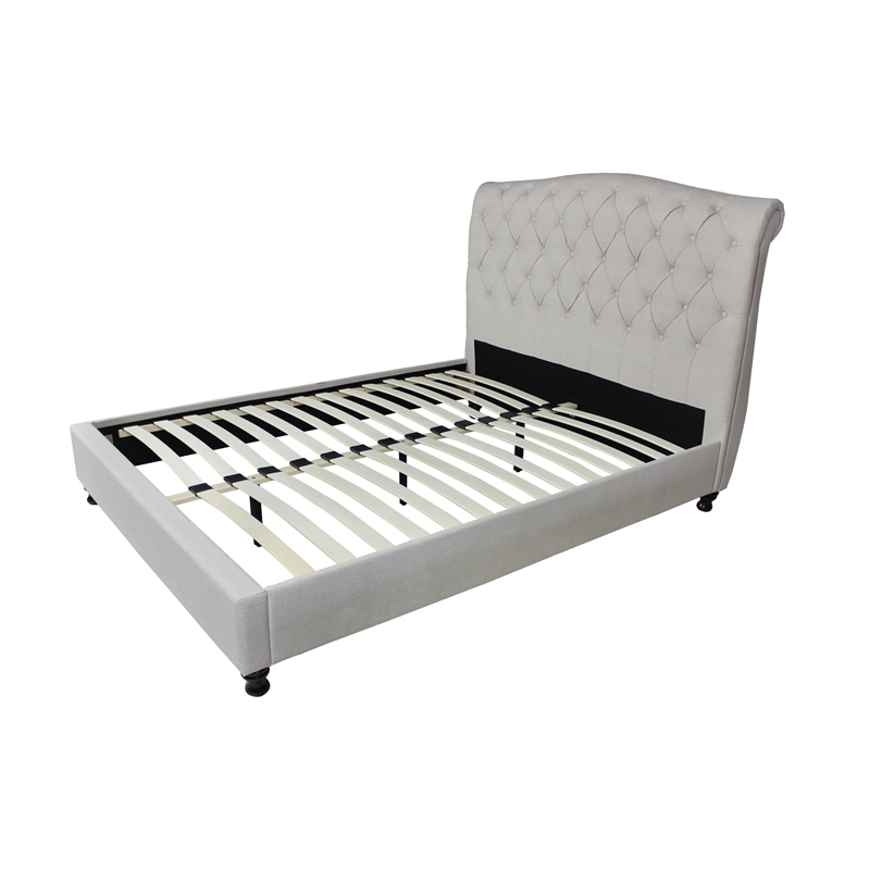 Pemberly Row Queen Platform Tufted Headboard Bed Upholstered in Beige Fabric