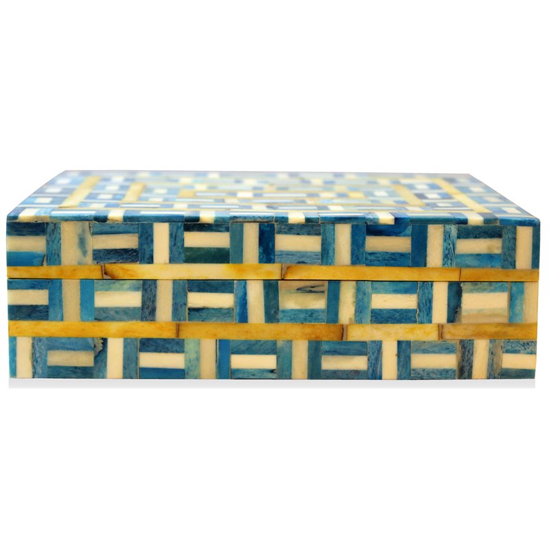 Pemberly Row Mango Solid Wood Grid Box in Blue with Geometric Design