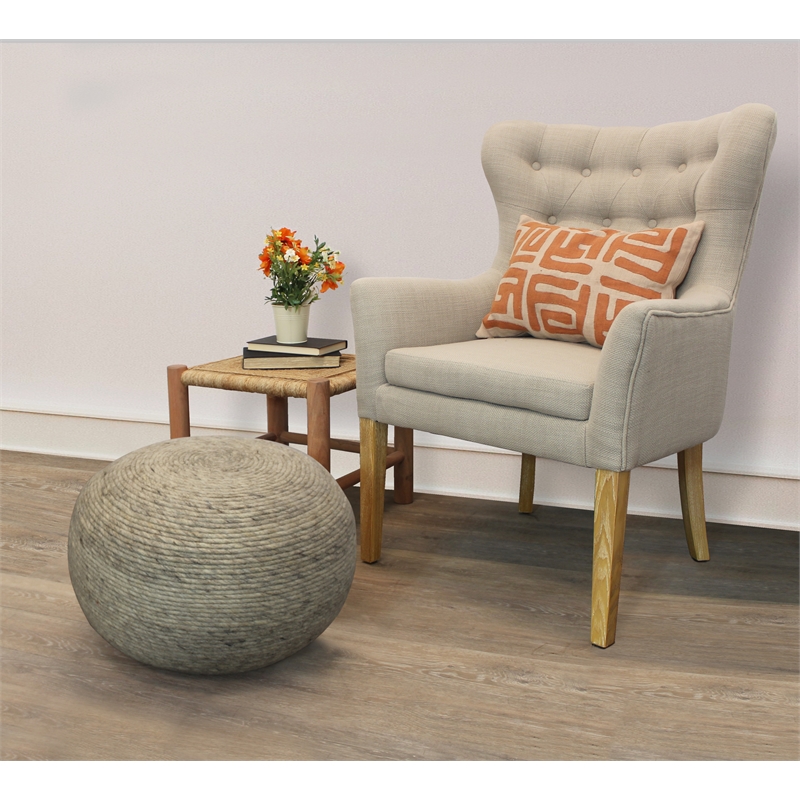 Pemberly Row Modern Round Pouf in Silver Wool with Polyester Filling