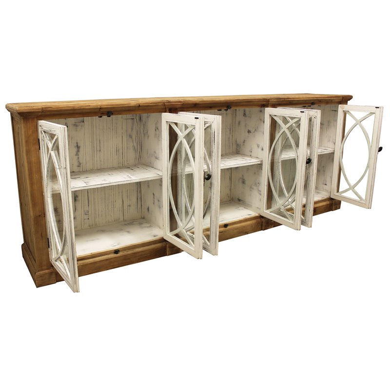 Pemberly Row Solid Wood 6 Door Sideboard with Glass Inserts in Natural