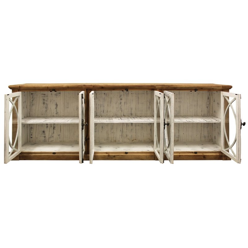 Pemberly Row Solid Wood 6 Door Sideboard with Glass Inserts in Natural