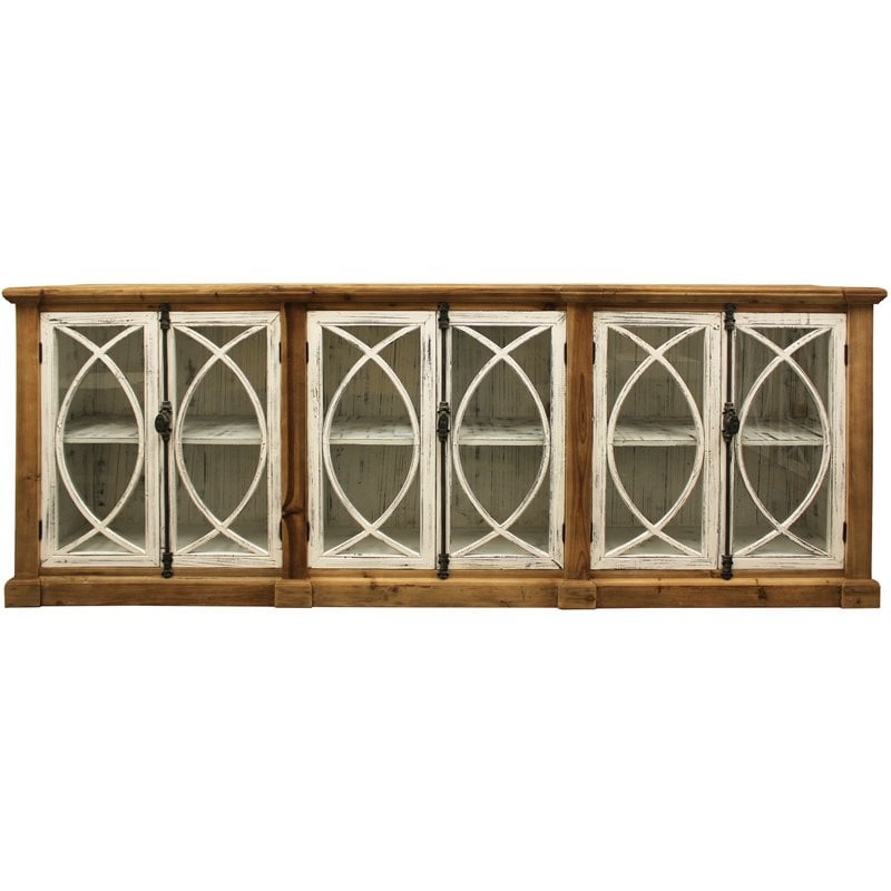 Pemberly Row Solid Wood 6 Door Sideboard with Glass Inserts in Natural