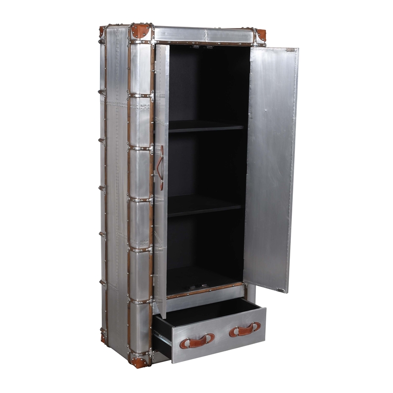 Pemberly Row Tall Cabinet in Silver Aluminum Cladding and Leather Accents