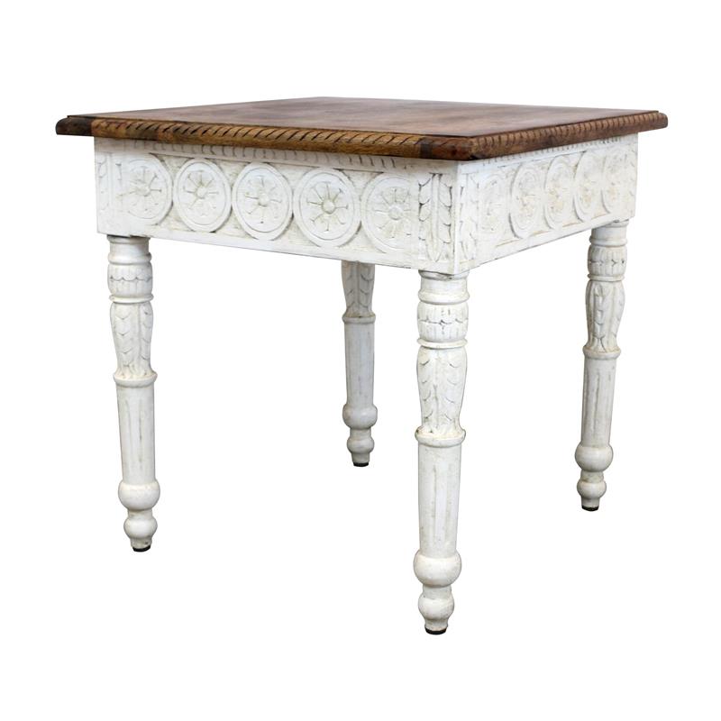 Pemberly Row Solid Wood Hand Carved End Table with Brown Top and Ivory Base