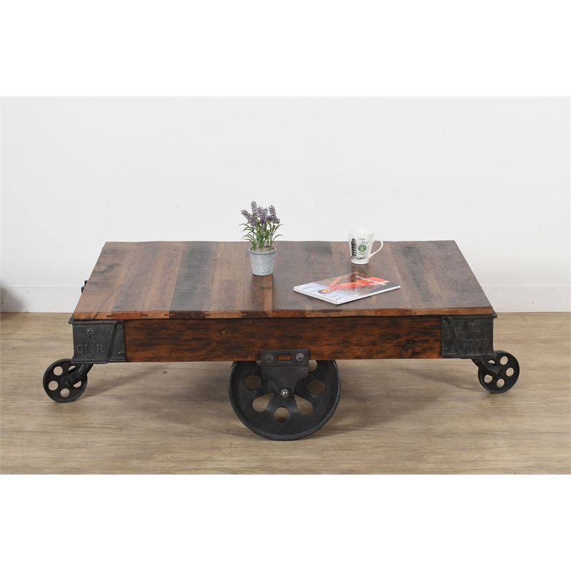 Pemberly Row Metal And Wood Cart Coffee/Cocktail Table in Brown with Wheels