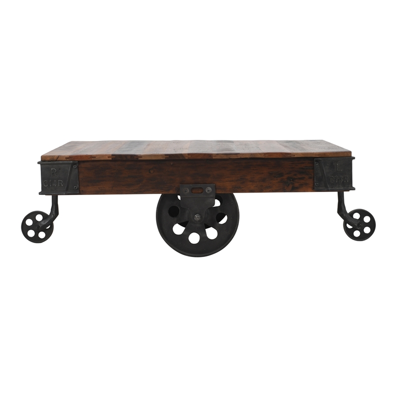 Pemberly Row Metal And Wood Cart Coffee/Cocktail Table in Brown with Wheels